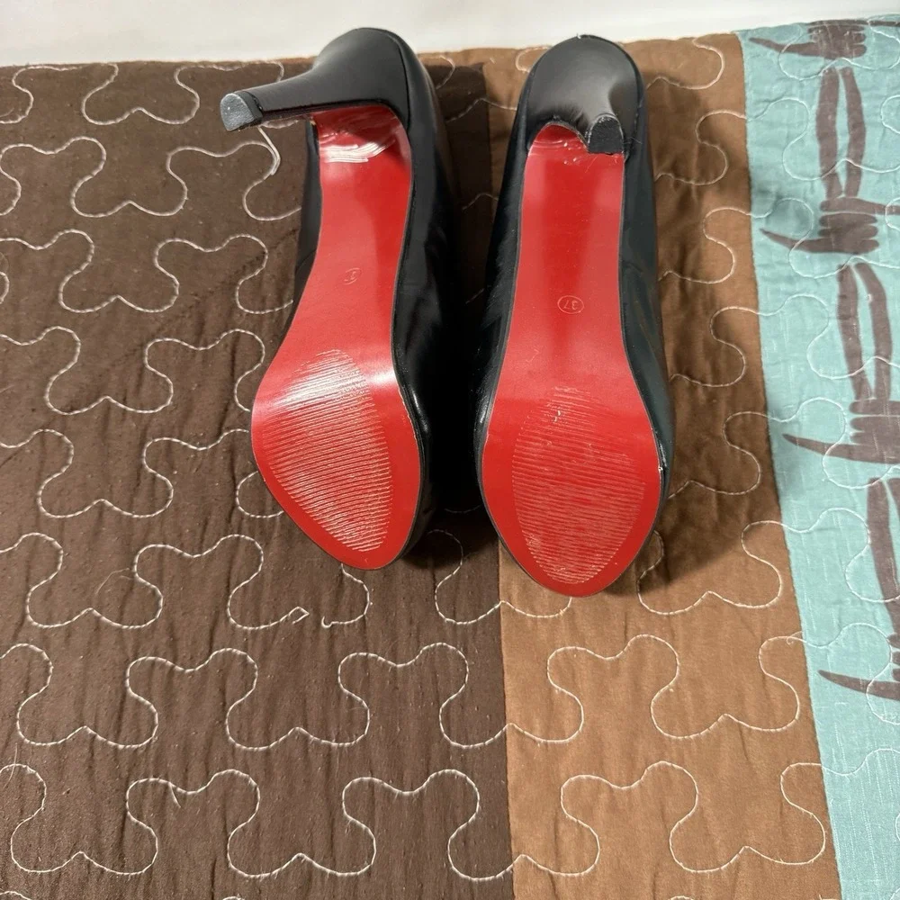 Black Leather Peep Toe Heels Red Accent Insole Platform Pumps Stiletto Shoes 37